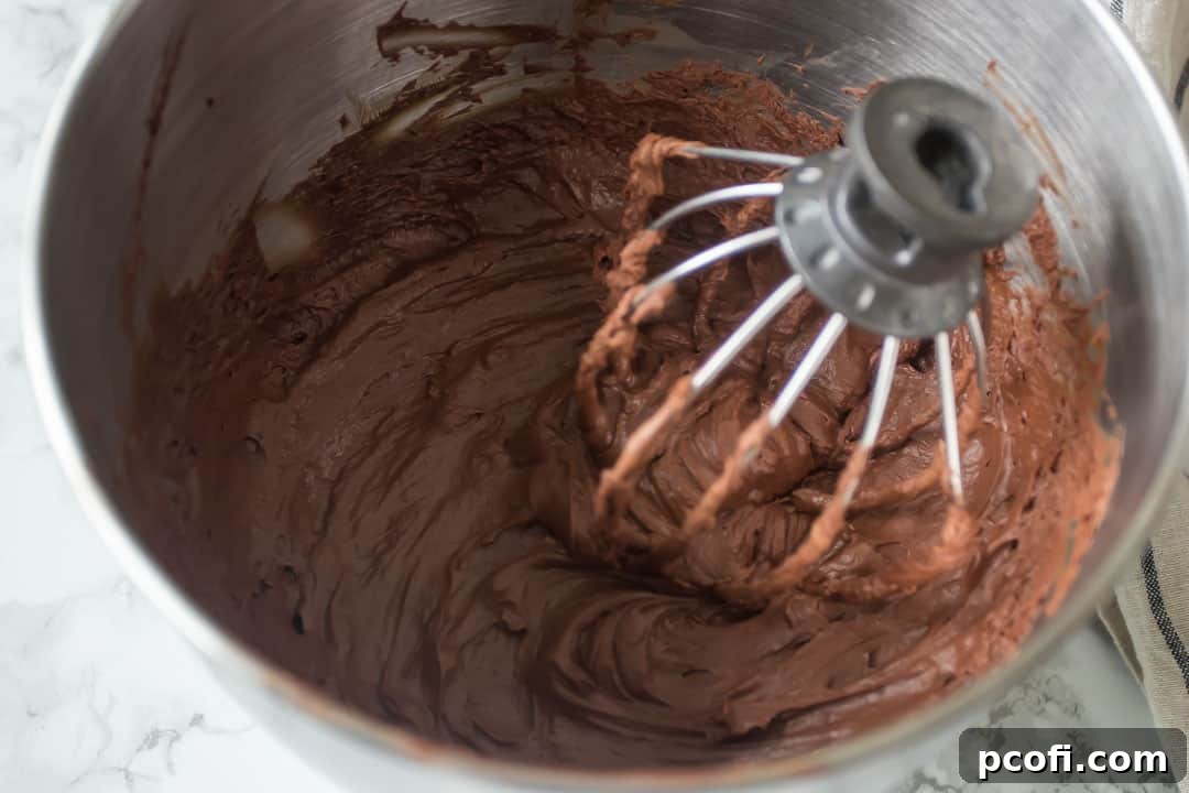 A metal mixing bowl with a whisk attachment, showcasing the beautifully whipped, light, and fluffy chocolate ganache.