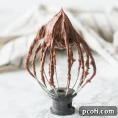 Whisk attachment from a stand mixer with stiffly whipped chocolate ganache.