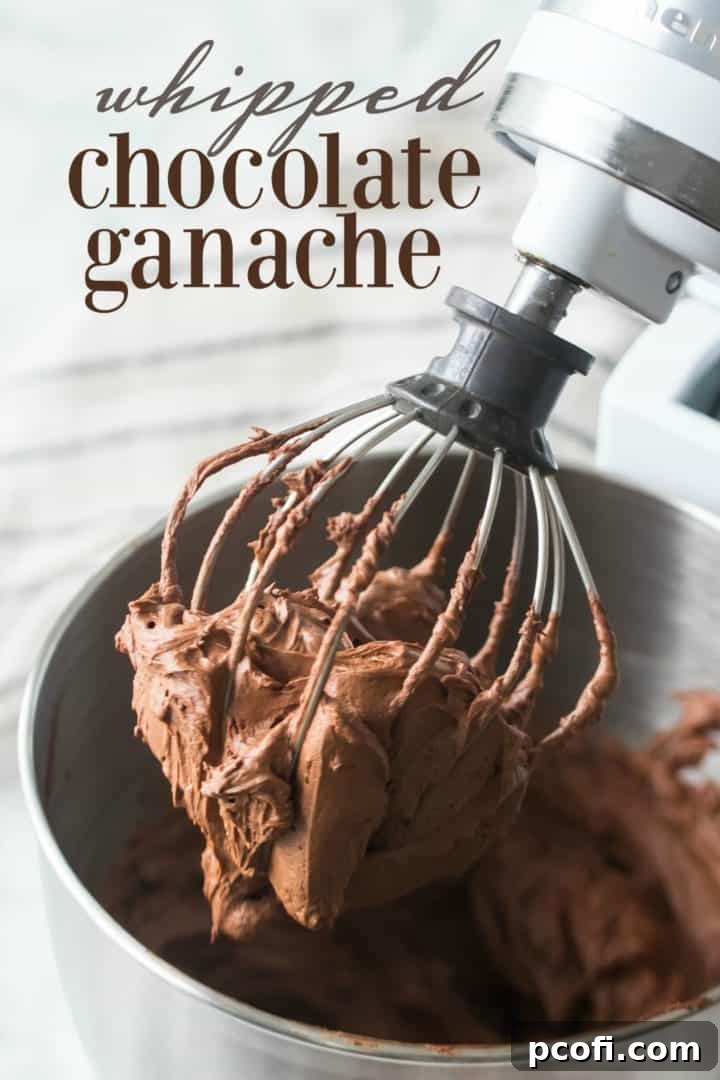 Stand mixer with whisk attachment, showcasing the perfectly whipped chocolate ganache, ready for use.
