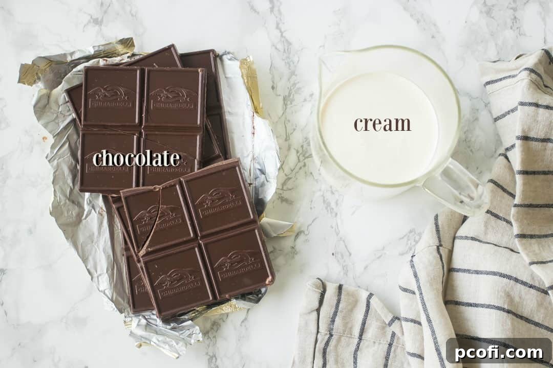 Ingredients for making ganache, featuring chocolate bars and heavy cream.