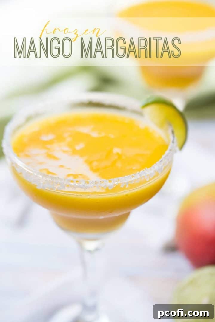 Two frosty frozen mango margaritas in salt-rimmed glasses, with a tempting text overlay proclaiming "Frozen Mango Margaritas."