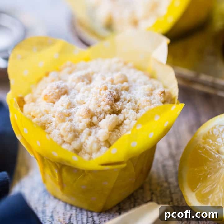 A freshly baked lemon crumb muffin in a cheerful yellow tulip paper cup, with vibrant fresh lemons blurred in the background, hinting at the bright citrus flavor.