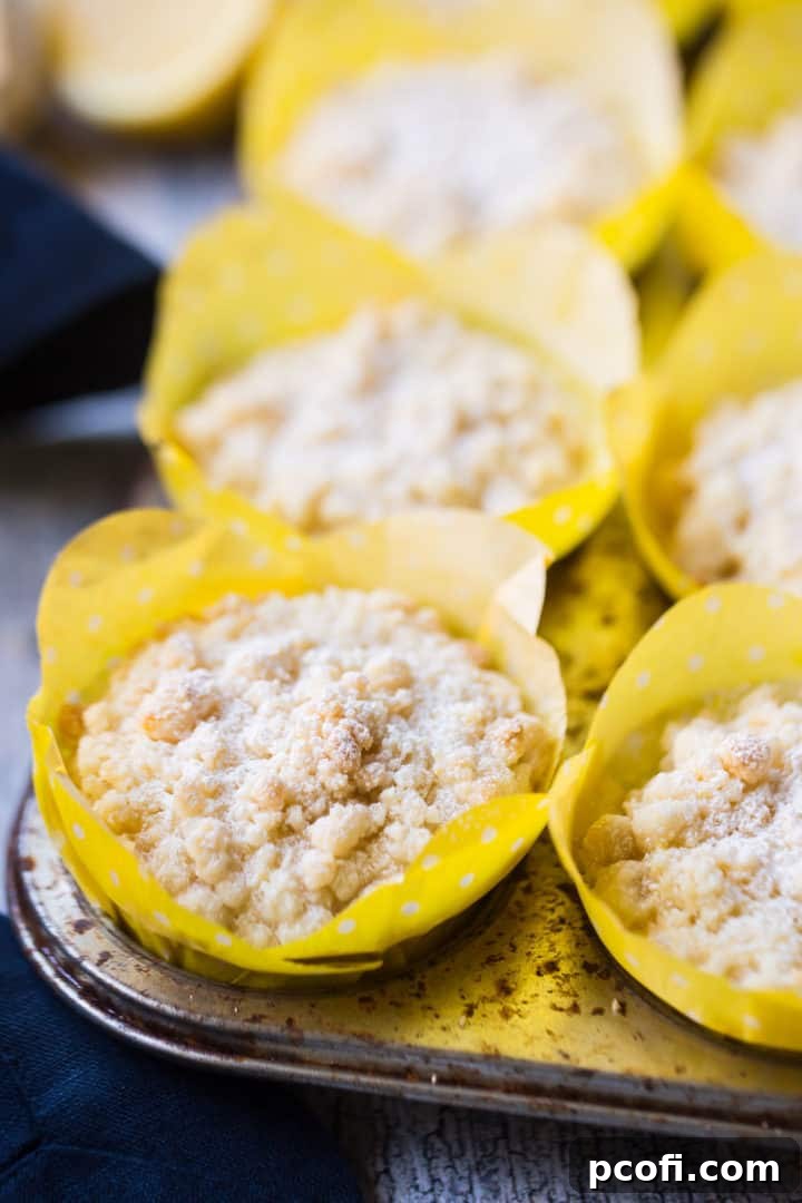 A muffin pan filled with perfectly baked lemon crumb muffins, nestled in vibrant yellow paper liners and lightly dusted with powdered sugar for a finishing touch.