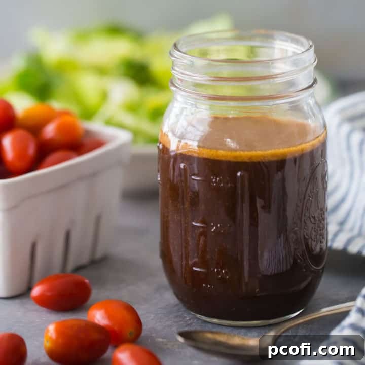Mason jar of vibrant homemade balsamic vinaigrette dressing, surrounded by fresh garden tomatoes and crisp green lettuce, ready for a healthy meal.