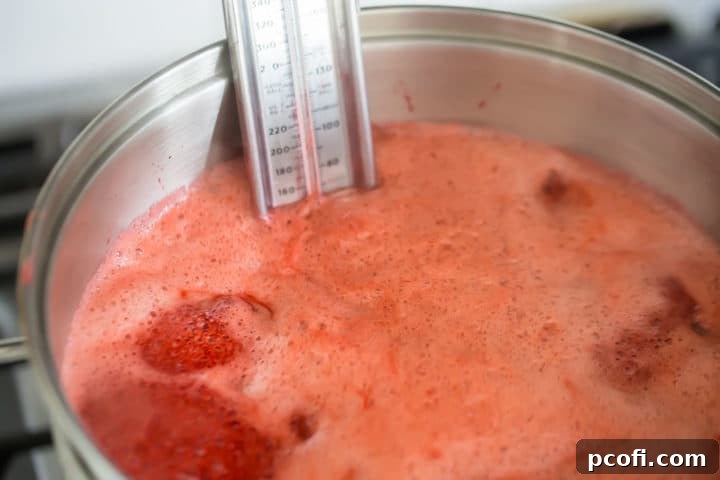 Boiling homemade strawberry jam.