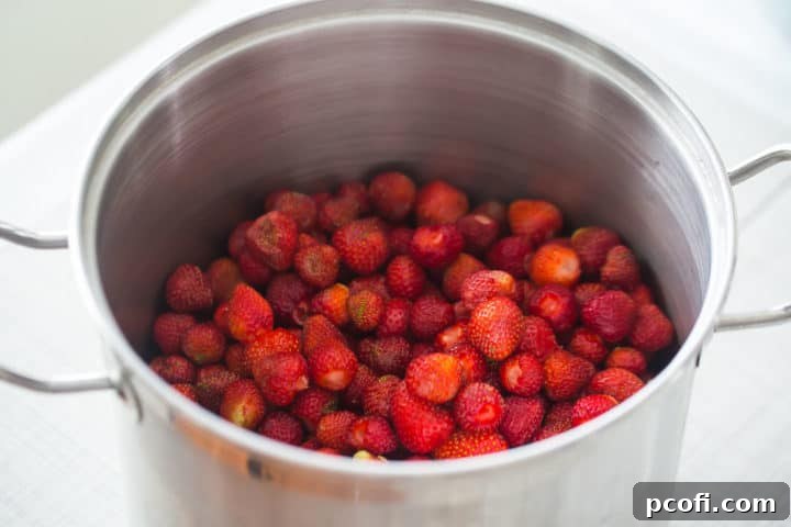 Large pot filled with hulled strawberries.