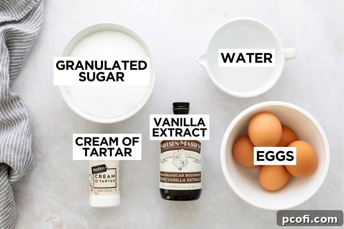 A flat lay of the essential ingredients laid out for making marshmallow frosting.