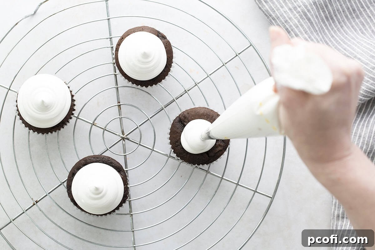 Marshmallow frosting being piped in a swirl onto chocolate cupcakes, ready for serving.