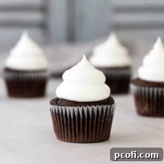 Chocolate cupcakes adorned with perfectly piped marshmallow frosting.