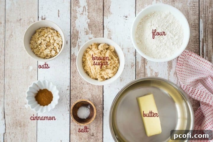 Ingredients for making crumb topping, with text labels.