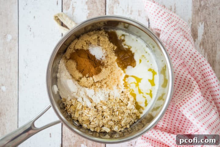 Crumb topping ingredients in a small stainless steel pot.