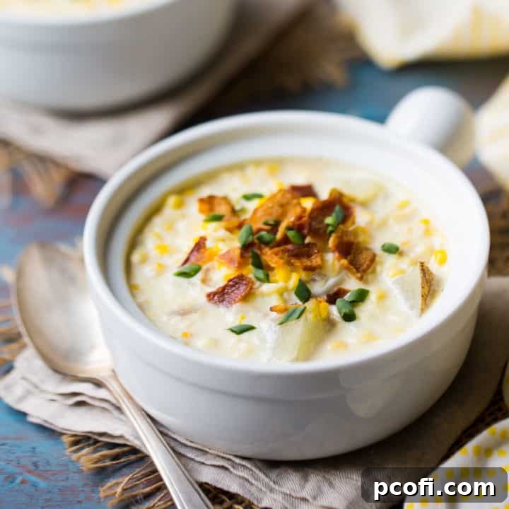 Crock of corn chowder with bacon and chives, on a blue background with a yellow printed napkin.