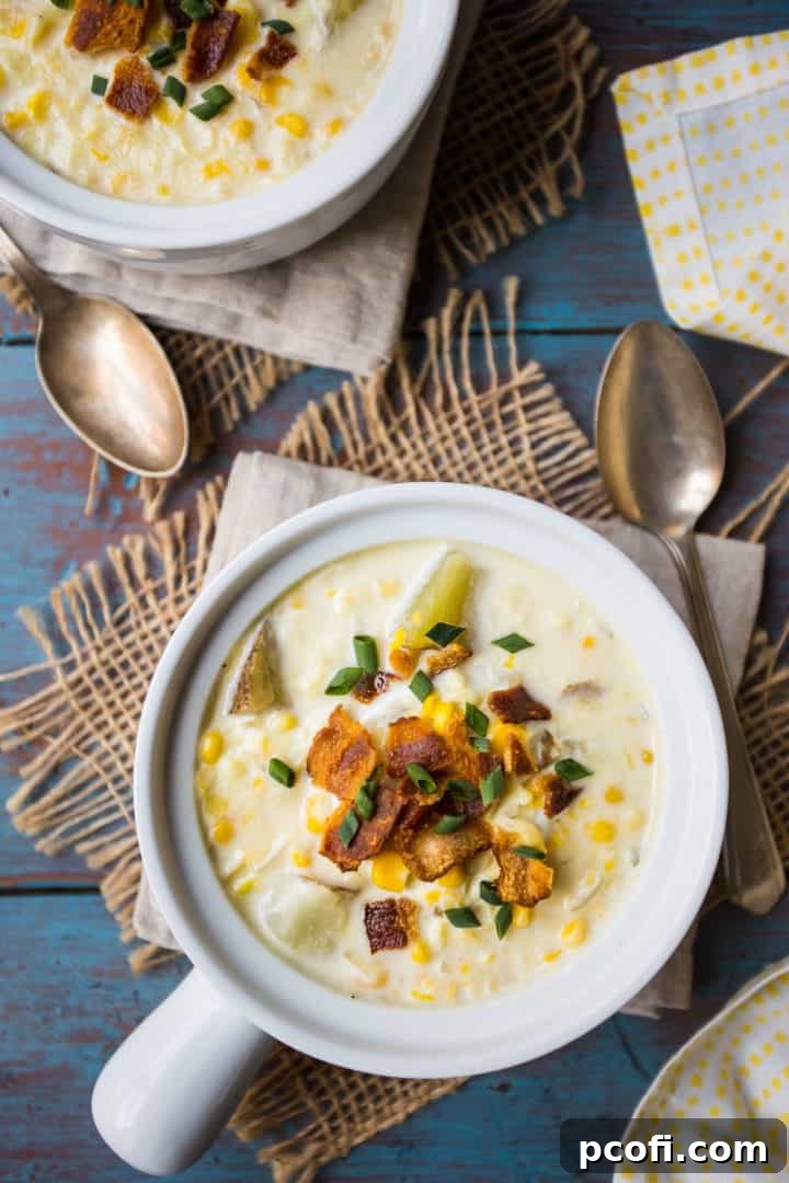 Overhead view of two crocks of corn chowder soup, on a blue background with a yellow printed napkin.