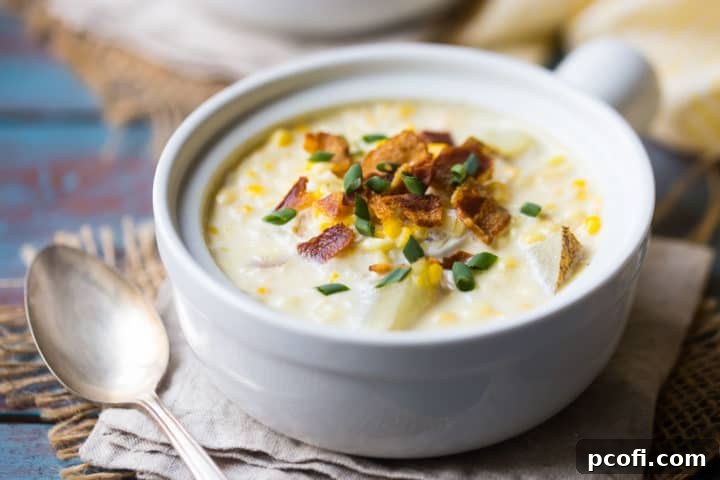 Soup crock of crockpot corn chowder on a linen napkin with a silver spoon.