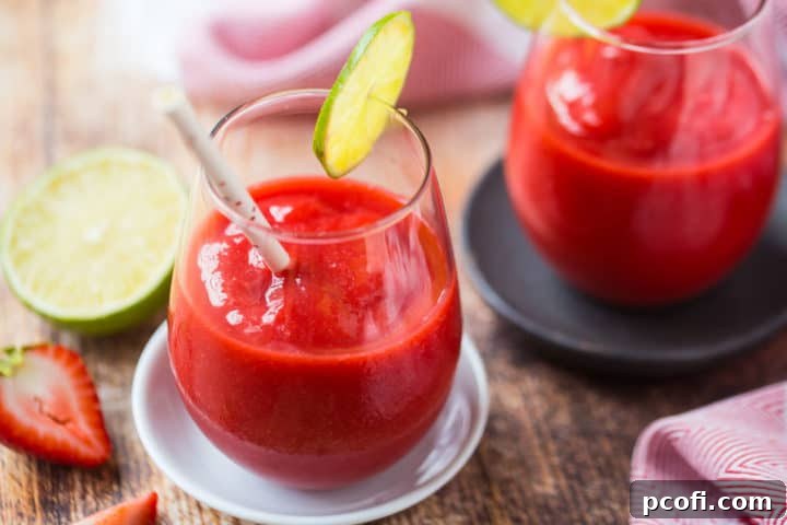 Horizontal image of 2 frozen strawberry daiquiris with cut limes and strawberries in the background.