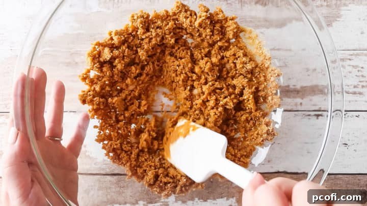 Stirring ingredients for graham cracker crust together.