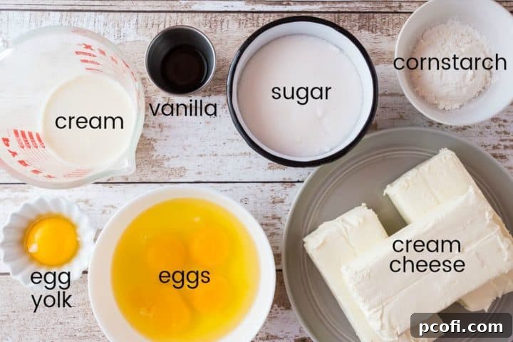 Ingredients for making cheesecake filling, with text labels.