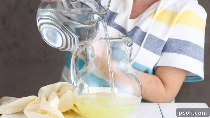 Adding water to homemade lemonade.