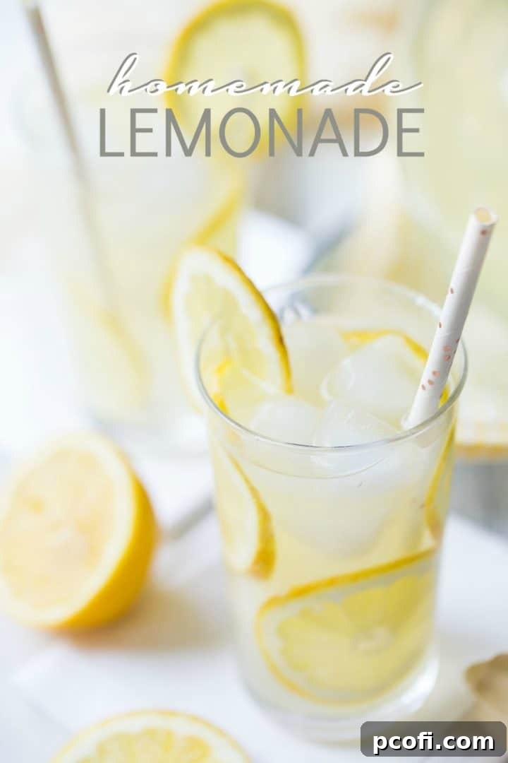 Glasses of homemade lemonade with slices of lemon, ice, and paper straws, with a text overlay reading "Homemade Lemonade."