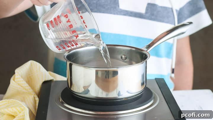 Pouring water into a pot to make simple syrup.