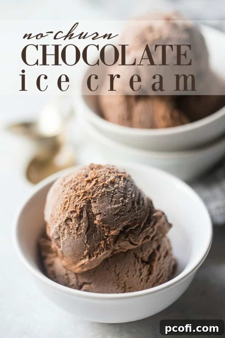Two bowls of chocolate ice cream on a white background, with a text overlay that reads "No-Churn Chocolate Ice Cream."