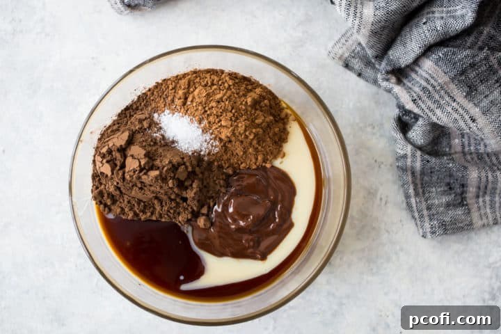 Condensed milk, melted chocolate, cocoa, vanilla, and salt in a glass bowl.