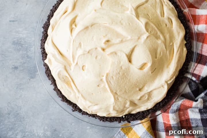 Overhead image of peanut butter pie with a chocolate cookie crust.