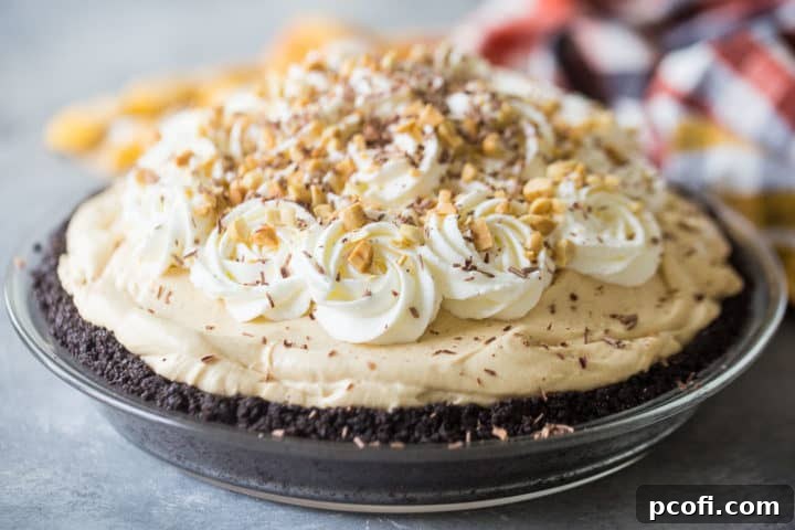 No-bake peanut butter pie with whipped cream, chopped peanuts, and chocolate shavings.
