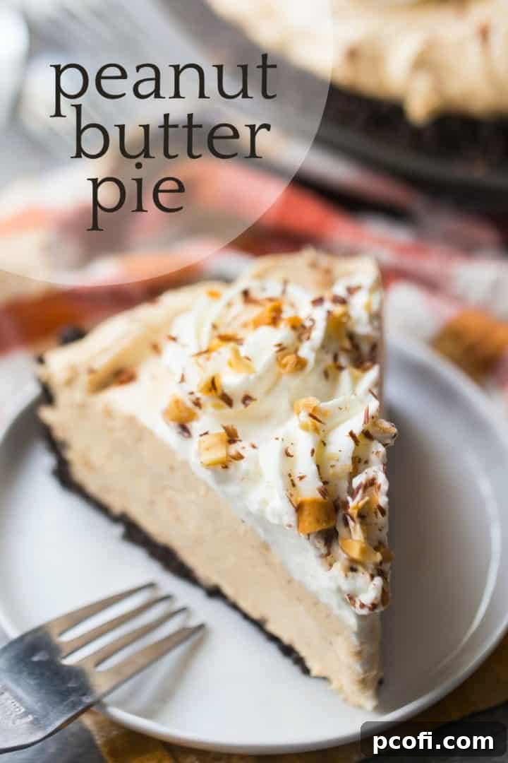 Close-up image of a slice of peanut butter pie with whipped cream, chopped peanuts, and chocolate shavings, with a text overlay above that reads "Peanut Butter Pie."