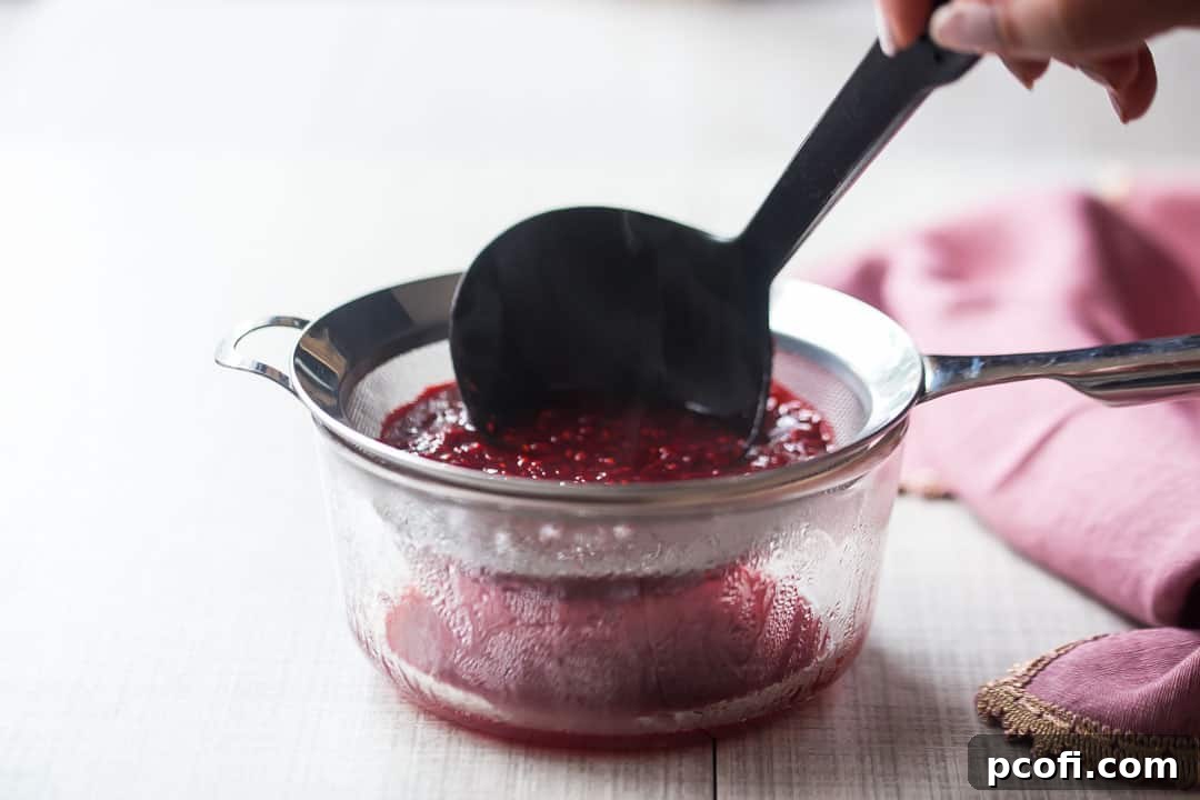Pushing raspberry sauce through a fine mesh sieve with a ladle, to effectively remove the seeds and create a smooth puree.