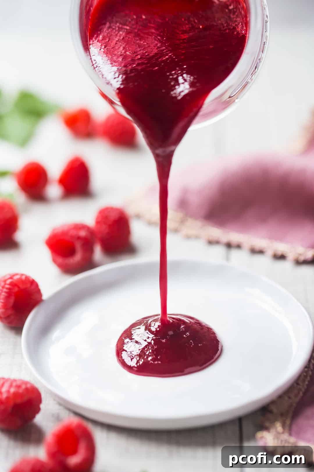 Pouring seedless raspberry sauce onto a white plate, showcasing its smooth texture and vibrant color.