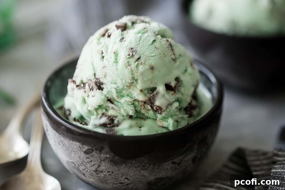 Dark brown bowl filled with mint chocolate chip ice cream recipe, artfully arranged with vintage silver spoons on a rustic background.