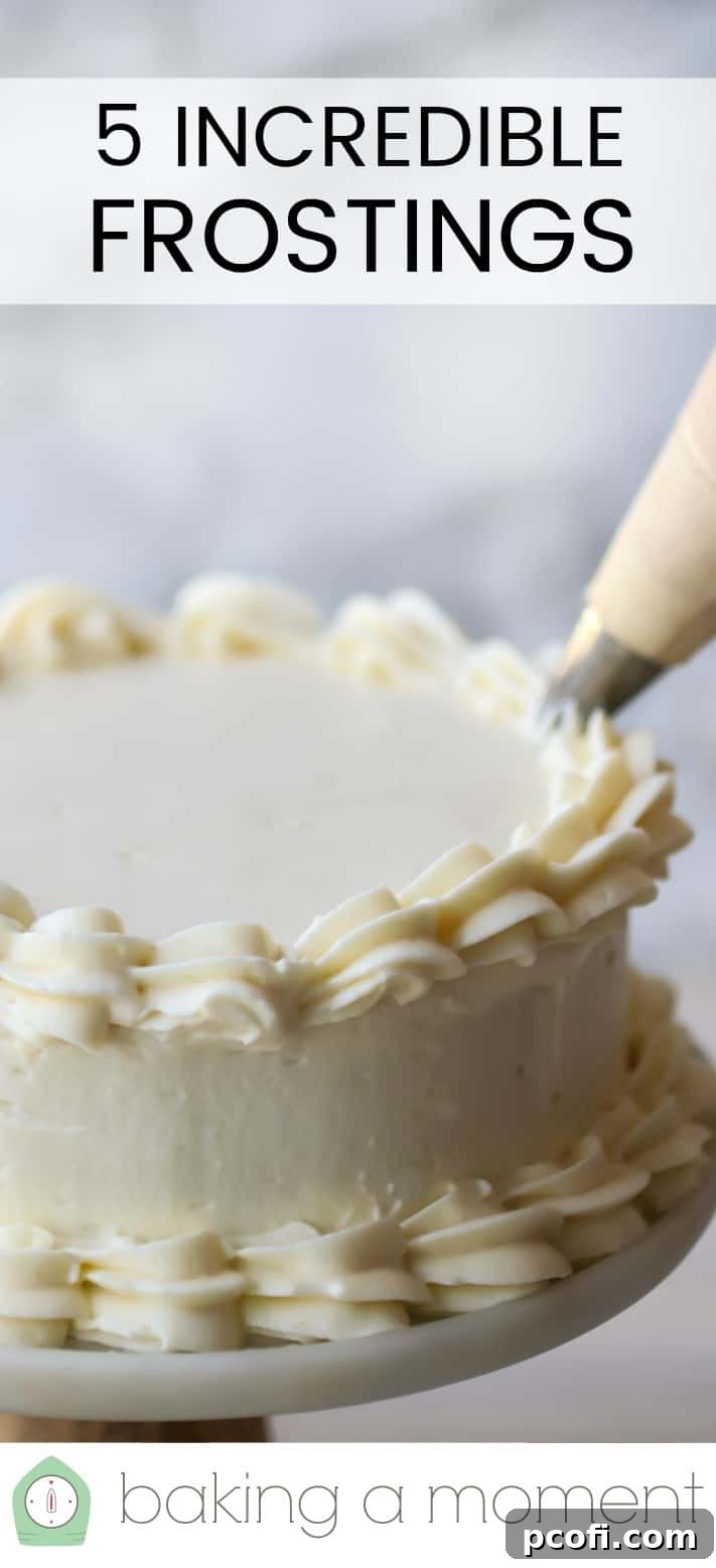 Close-up image of white frosting being skillfully piped onto a cake, promoting "5 Incredible Frostings."