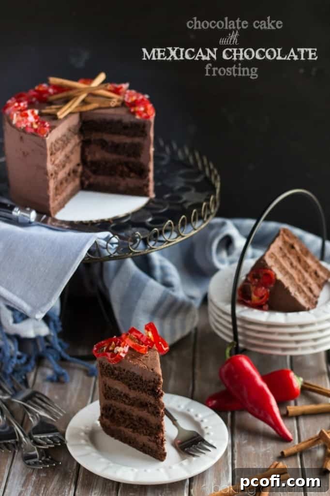 Rich Mexican chocolate layer cake with fluffy spiced ganache and candied peppers