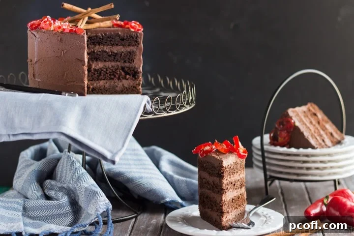 Top view of Mexican chocolate cake with candied serrano peppers and cinnamon sticks