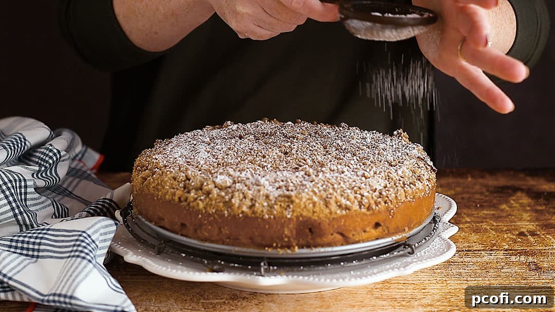 A delicate dusting of powdered sugar graces the top of the baked apple coffee cake, enhancing its visual appeal.