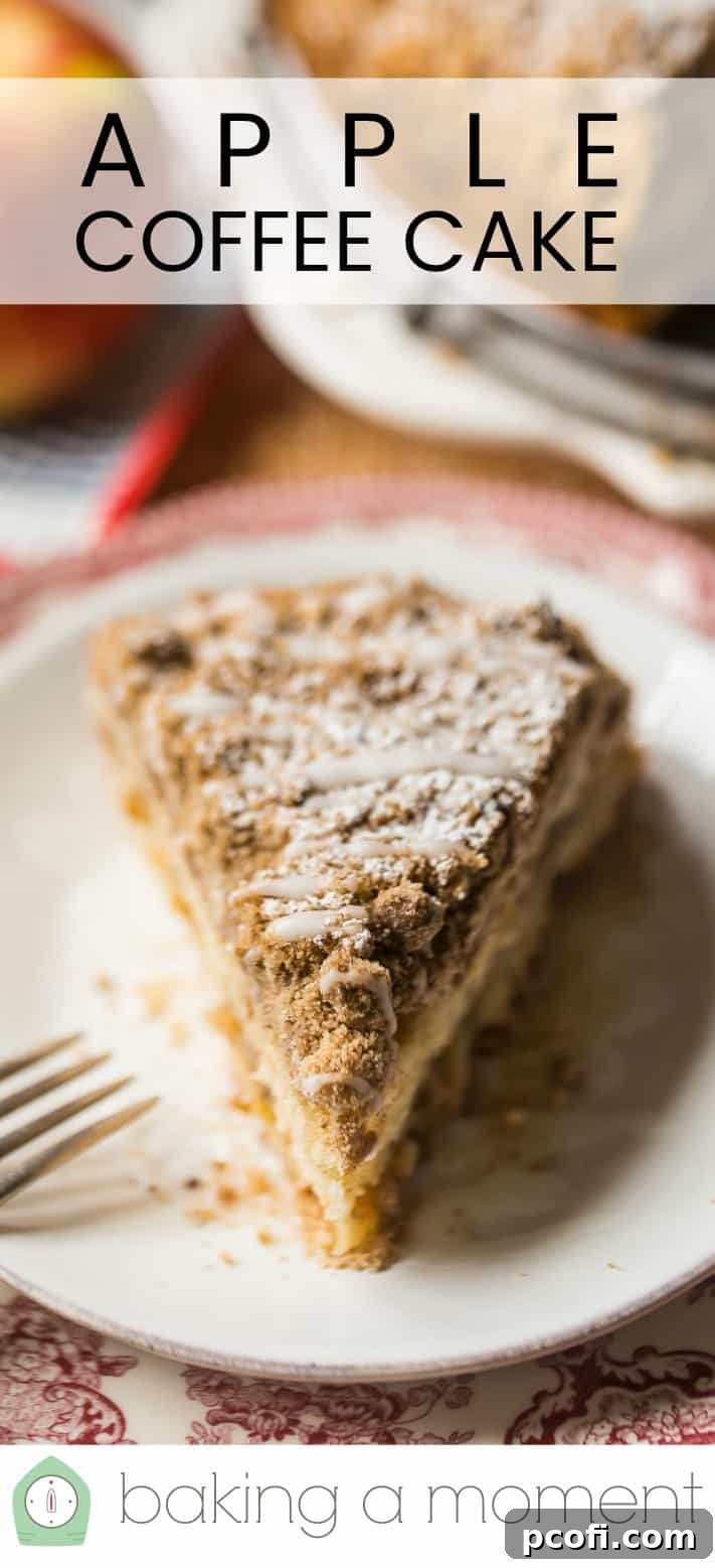 Wedge of homemade apple coffee cake on a vintage red plate with a silver fork and a text overlay above reading "Apple Coffee Cake."