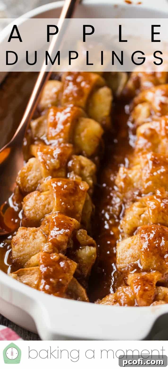 Close up image of baked apple dumplings in a casserole dish, with a text overlay above reading "Apple Dumplings."