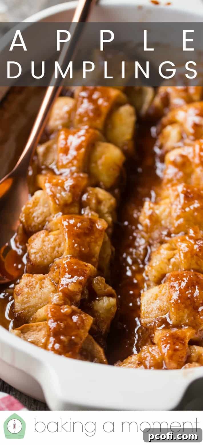 Close up image of baked apple dumplings in a casserole dish, with a text overlay above reading "Apple Dumplings."