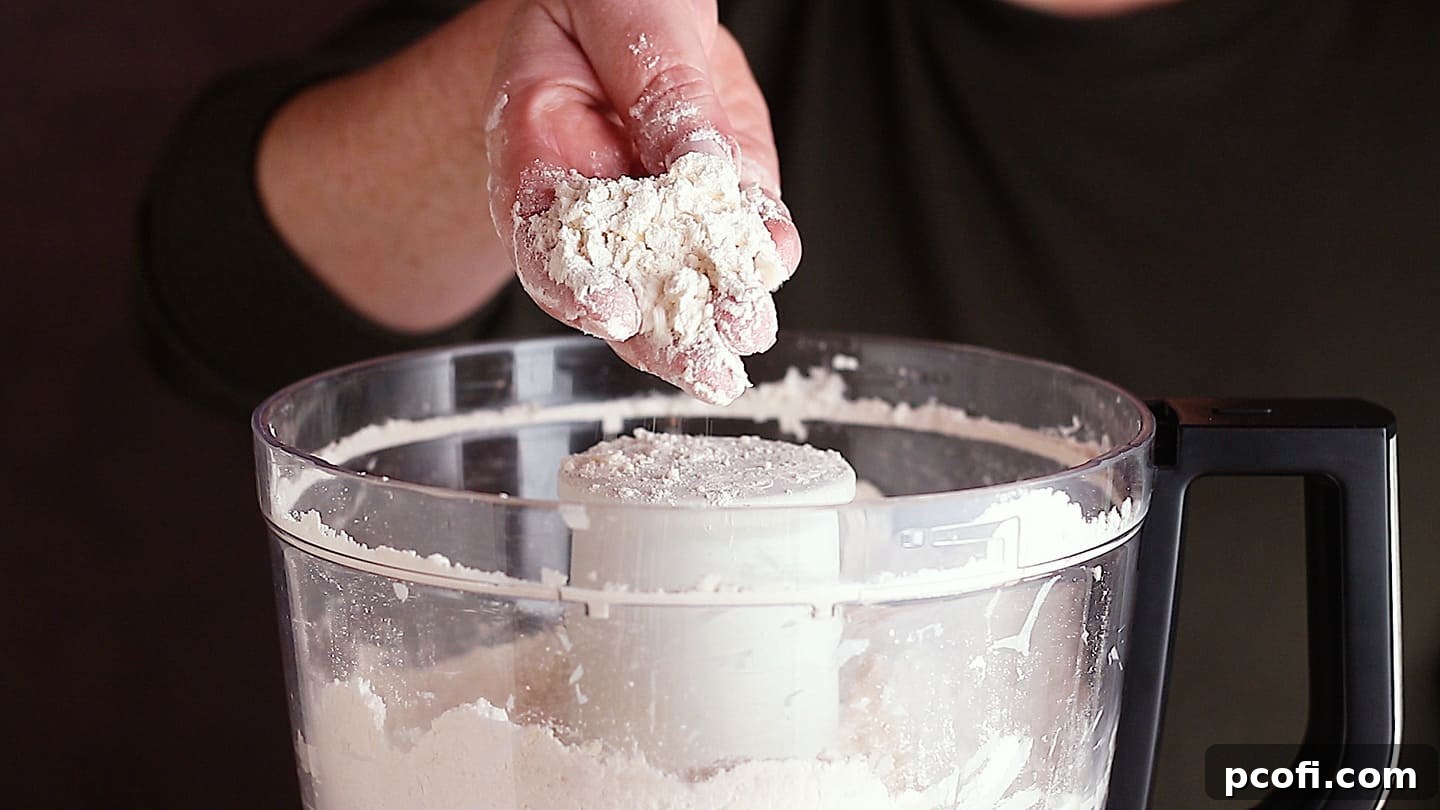 Apple dumpling pastry mixture that resembles coarse meal, showing perfect texture before adding liquid.