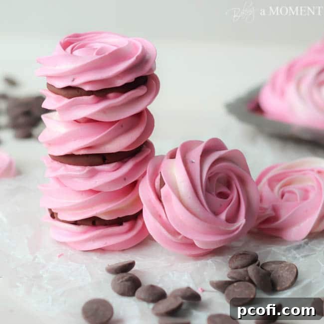 Light and airy raspberry meringues with a rich dark chocolate ganache filling.
