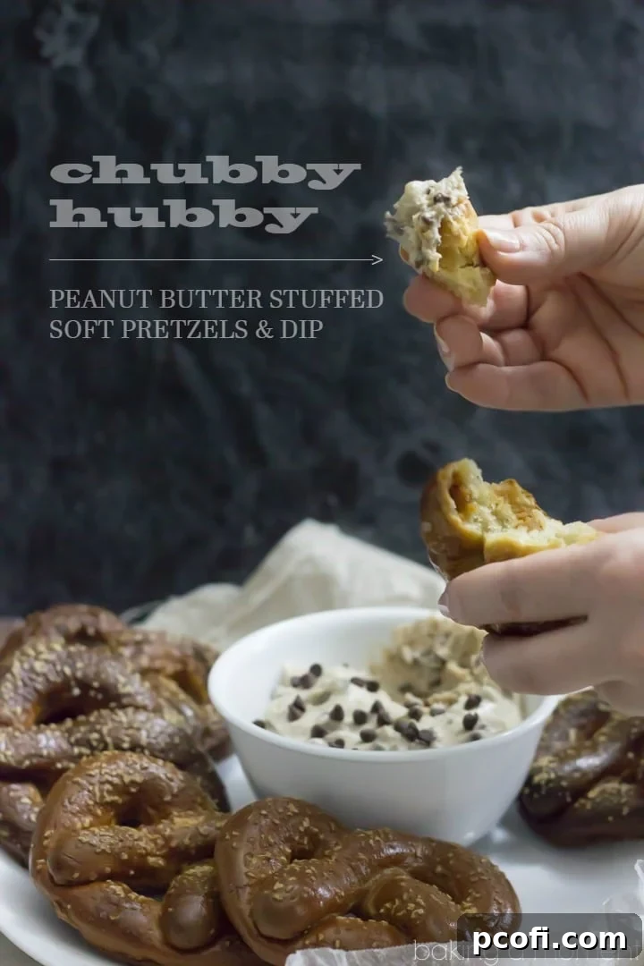 Homemade Soft Pretzels stuffed with Peanut Butter, served with a Malted Vanilla cream cheese Dip with Chocolate Chips. These Chubby Hubby Pretzels and Dip are totally outrageous! Perfect Superbowl dessert ;)