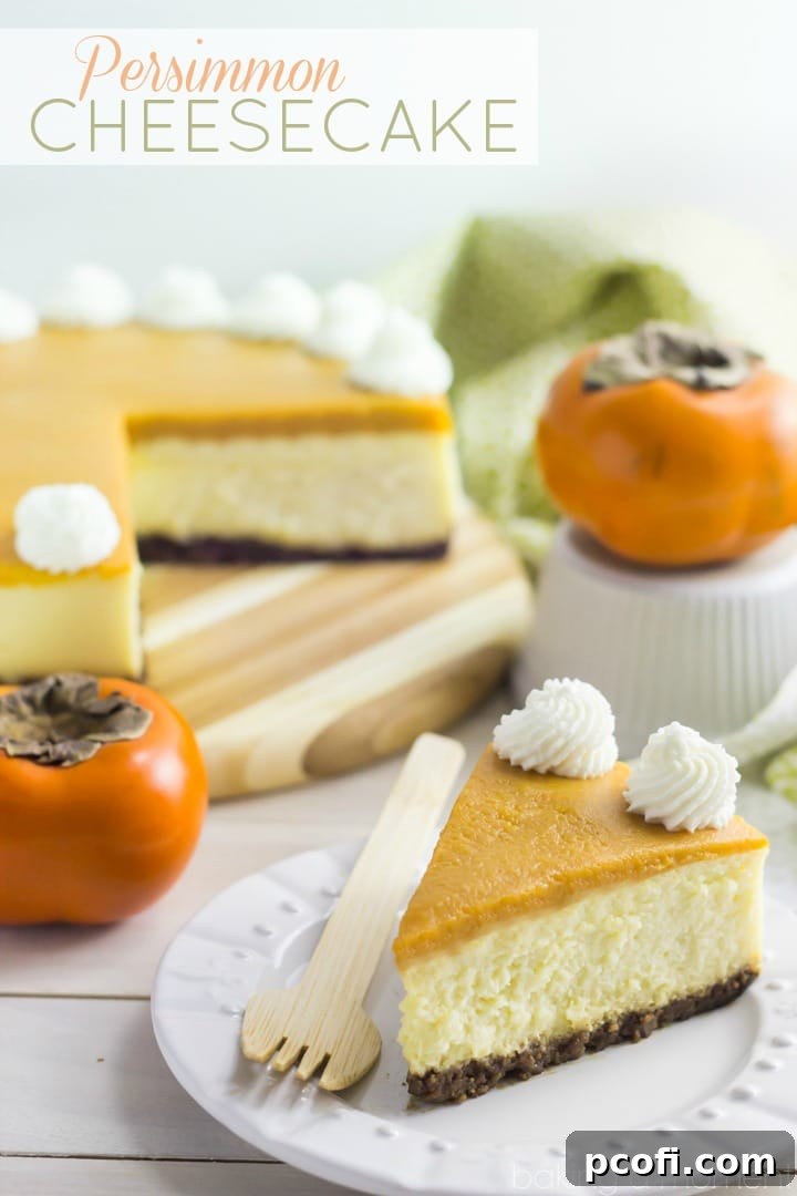 Close-up of a creamy New York style Cheesecake, elegantly topped with a sweet and seasonal Persimmon compote. A perfect dessert for any occasion.