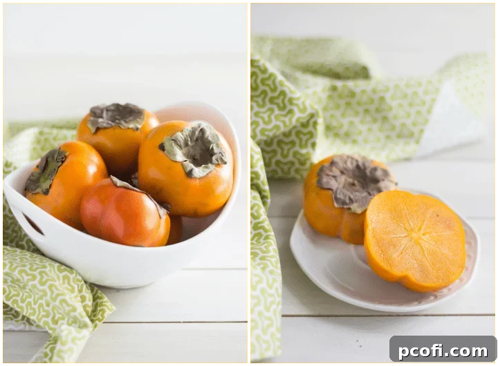 Fresh, ripe persimmons displayed on a rustic wooden surface, ready for baking and culinary creations. A seasonal fruit highlight.