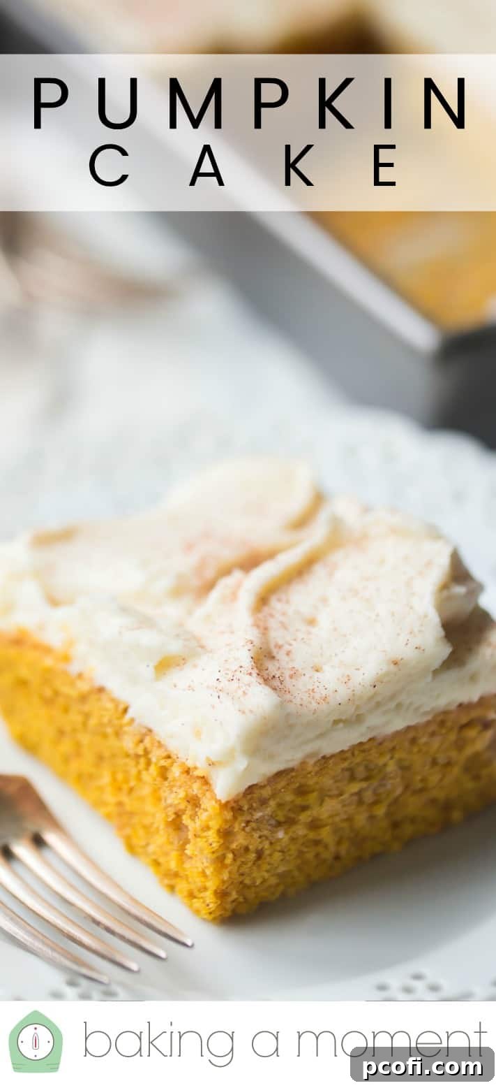 Close up image of a square of pumpkin cake on a white plate, with a text overlay above reading "Pumpkin Cake."