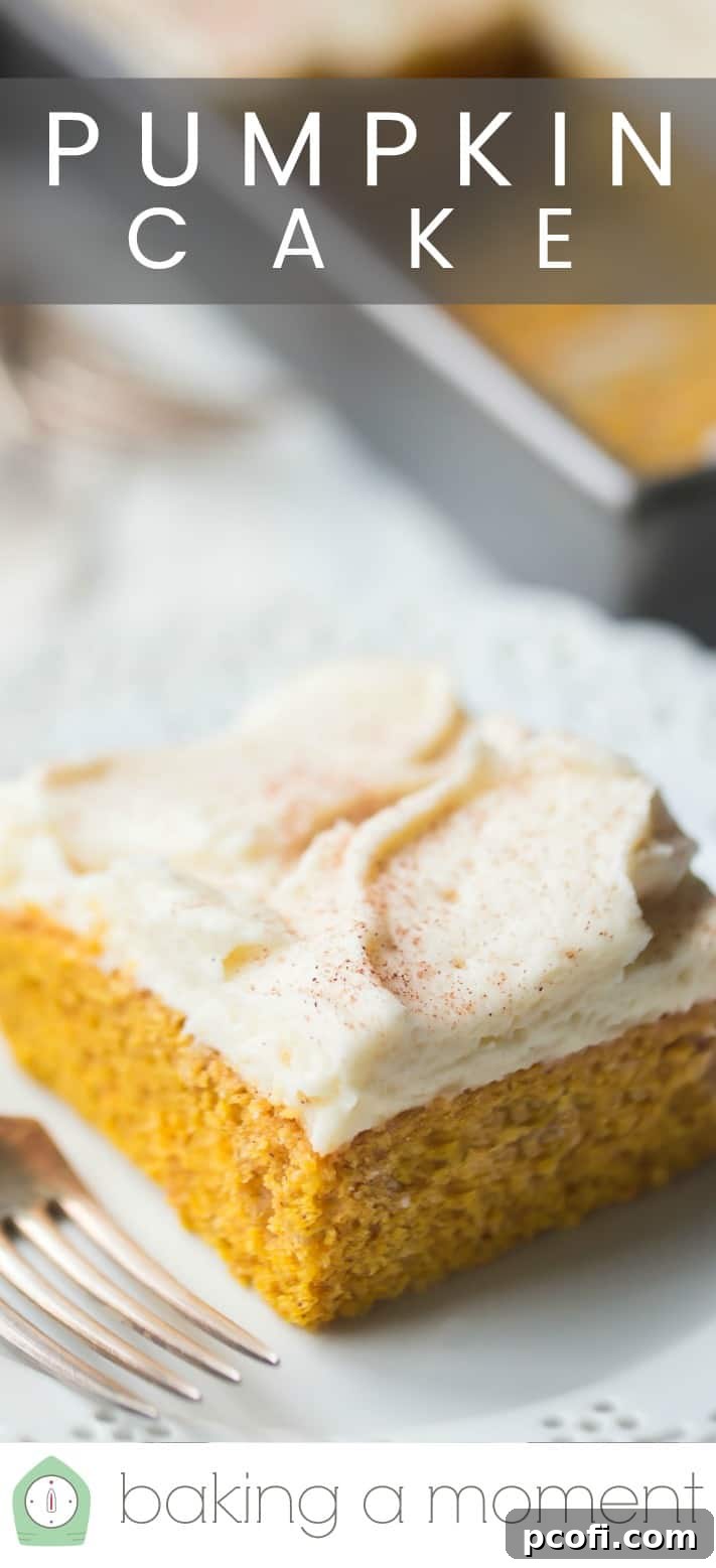 Close up image of a square of pumpkin cake on a white plate, with a text overlay above reading "Pumpkin Cake."