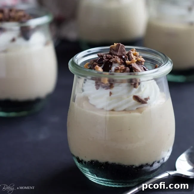 Easy, no-bake peanut butter pie served in convenient individual jars – an OMG TDF (to die for) dessert, perfect for grab-and-go enjoyment.
