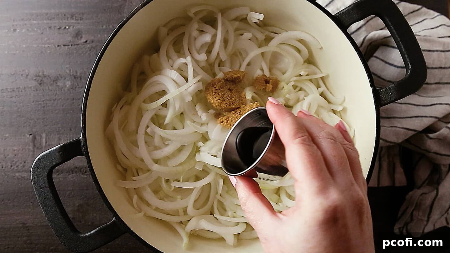 Adding brown sugar and Worcestershire sauce to caramelized onions.