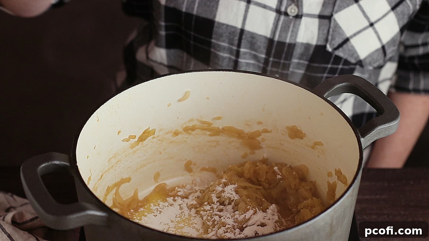 Making a roux to thicken French onion soup.