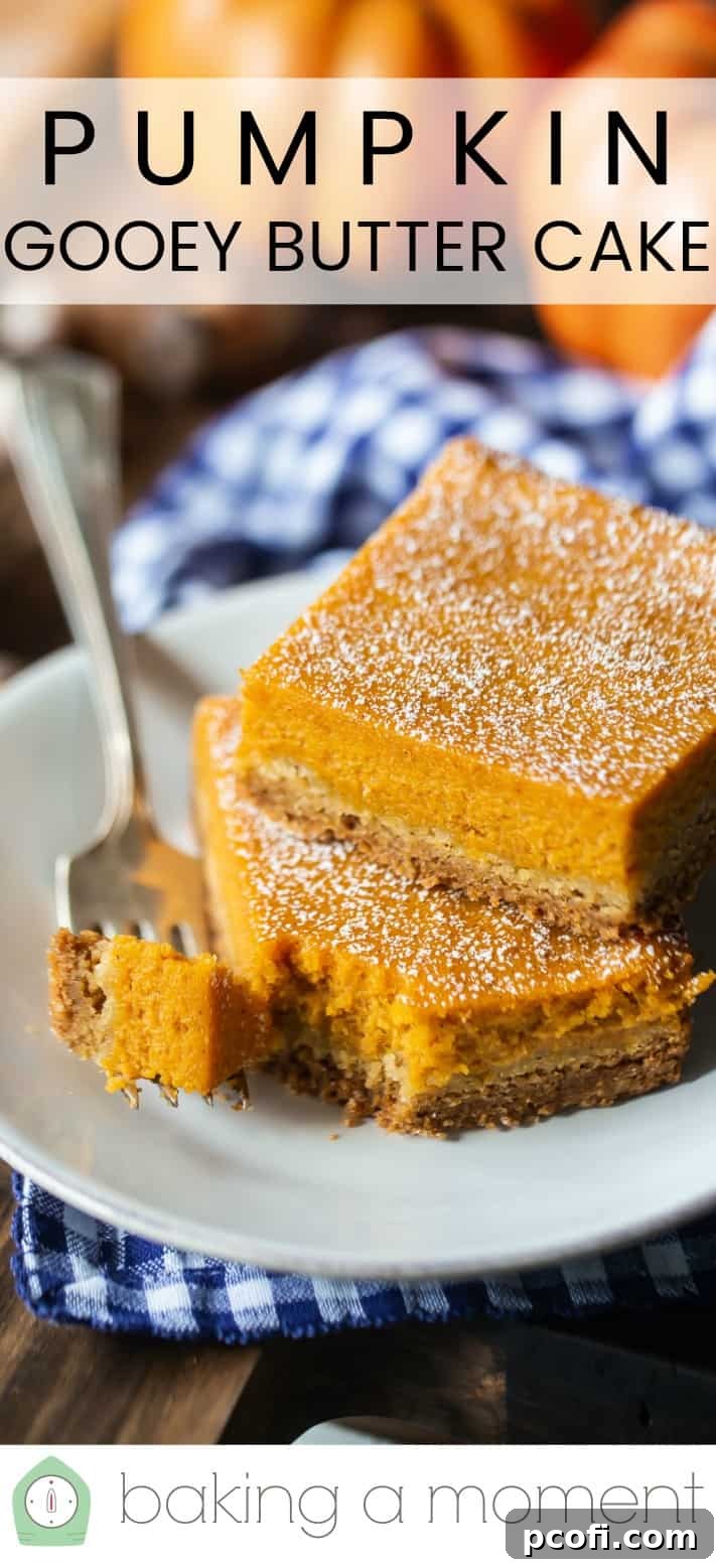 Pumpkin gooey butter cake pin 1. A mouthwatering image for Pinterest, showcasing the deliciousness of this homemade fall dessert.